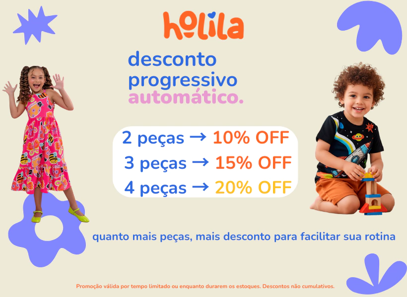 Desconto progressivo automático: 2 peças 10% off, 3 peças 15% off, 4 peças 20% off.