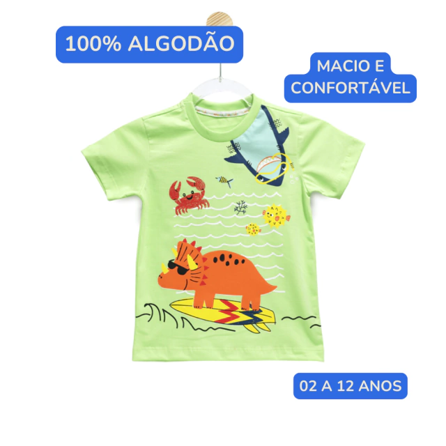 Holila | Camiseta Infantil Menino 100% Algodão | Dino na Onda | Confortável, vista 1