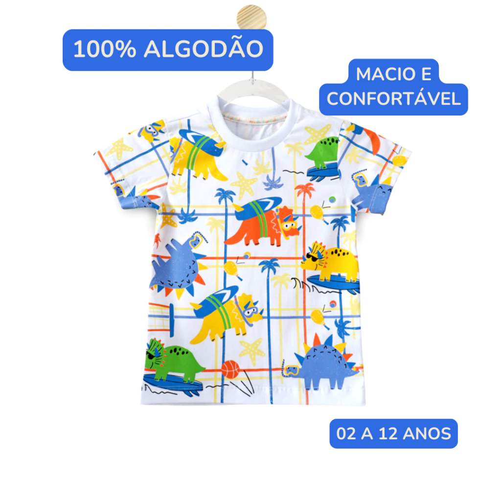 Holila | Camiseta Infantil Menino 100% Algodão | Dinosurf | Confortável, vista 2